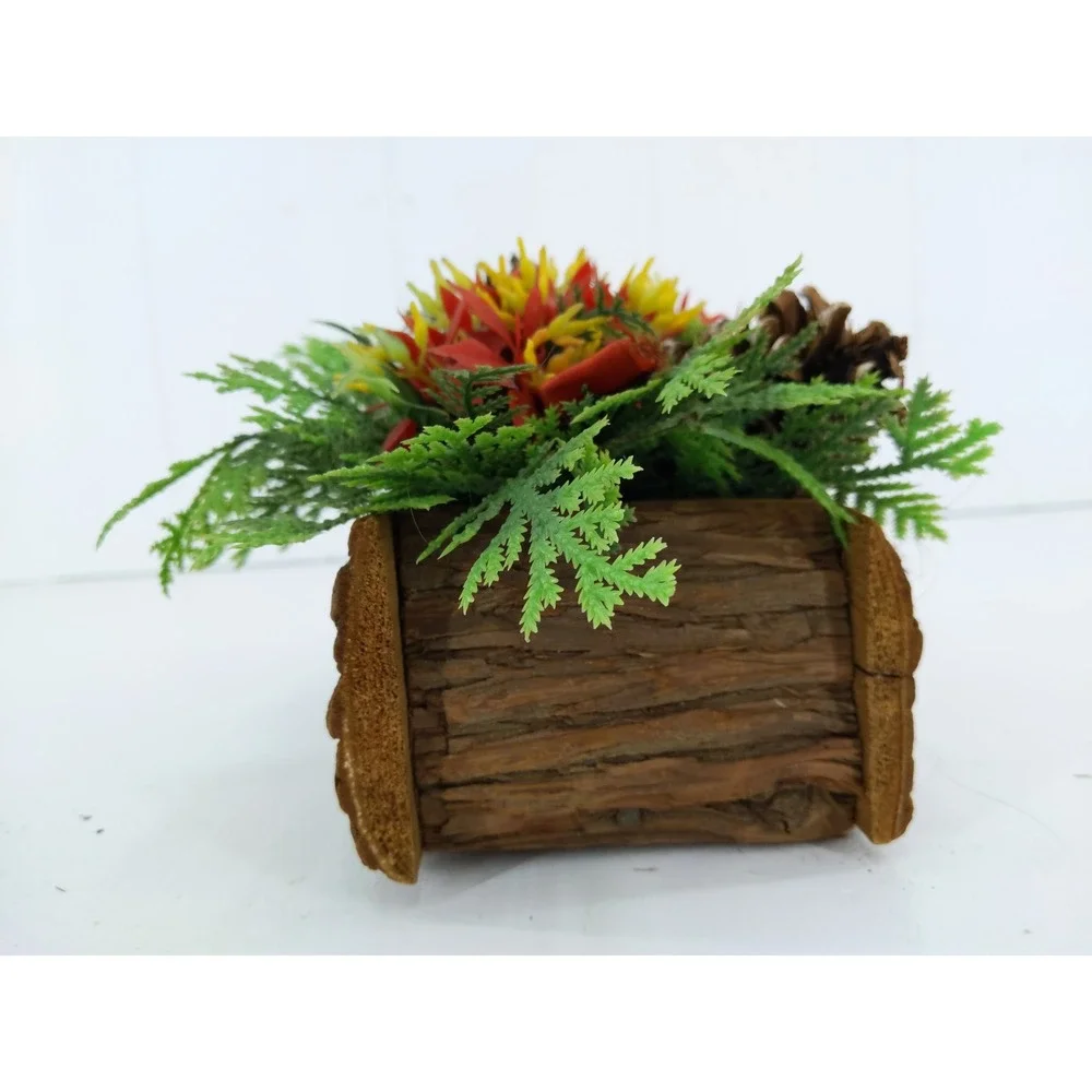 vtg Rustic Wooden Log‎ Box Plastic Floral Poinsettia Pinecone Centerpiece Xmas